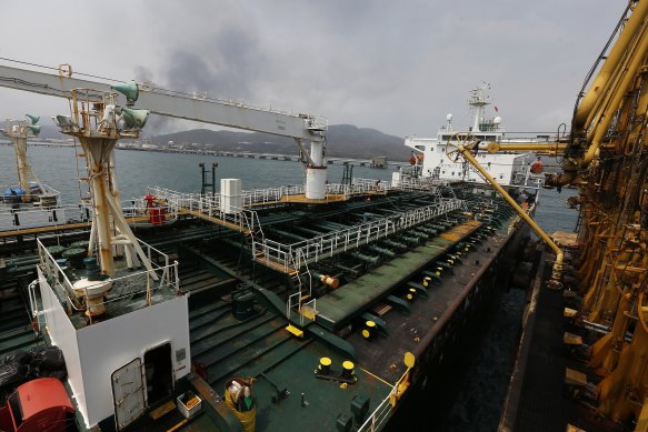 Iranian oil tanker is anchored at the dock of the El Palito refinery near Puerto Cabello.