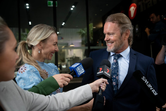 Craig McLachlan with his partner Vanessa Scammell after the not guilty verdict was announced.