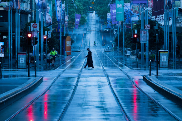 A deserted Bourke Street mall in Melbourne in mid October.