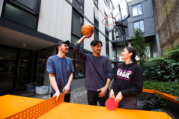 Aaron Brennan (left), Ty Courtney and Tyrah Chan-Hampton, tenants at Uniting’s Foyer Central, value the camaraderie of other young people with similar life experiences.