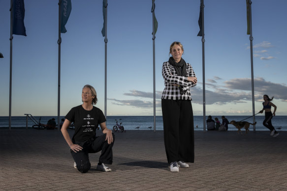 Zali Stegall (right) campaigns against offshore drilling with surfer Layne Beachley. 