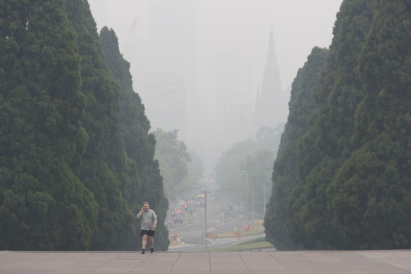 The view from the Shrine of Remembrance on Monday afternoon. Visibility was as low as 500 metres in some parts.