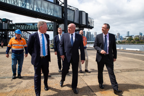 Carnival Australia senior vice-president Peter Little, left, Transport Minister David Elliott and Port Authority chief executive Philip Holliday at the White Bay Cruise Terminal  on Monday.