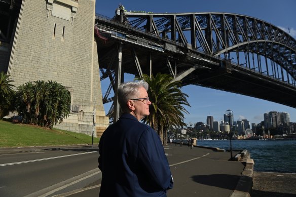 Penny Sharpe at the base of the  Sydney Harbour Bridge which is linked to one of the historical Blue Plaques for Kathleen Butler.