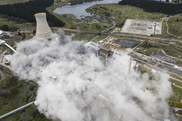 Gone: The two Wallerawang  chimneys bite the dust.