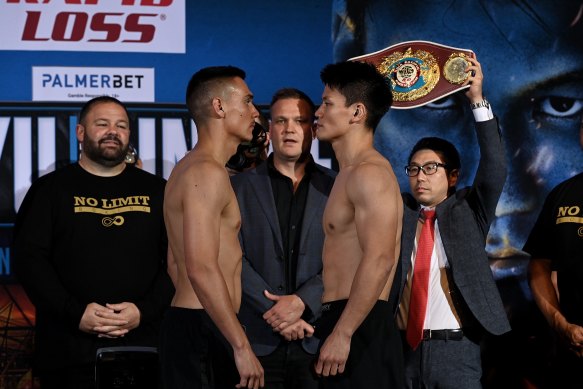 Tim Tszyu and Takeshi Inoue face off after the weigh-in.