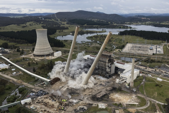 Going: Many Wallerawang residents gathered on Wednesday to watch the controlled demolition of the towers. 