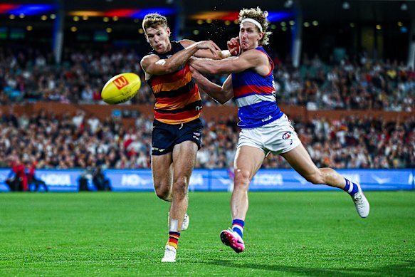 Adelaide defender Nick Murray, competing against Western Bulldogs star Aaron Naughton, is on North Melbourne’s radar.  