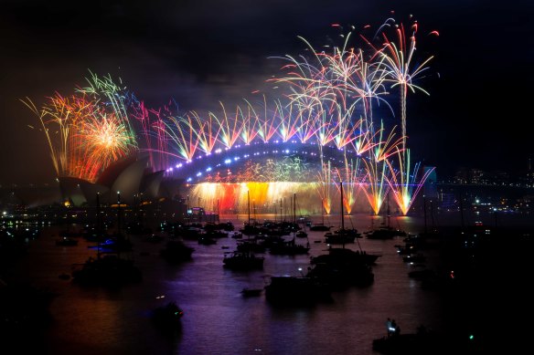 Colours streaked across the sky during Sydney’s fireworks display at midnight.