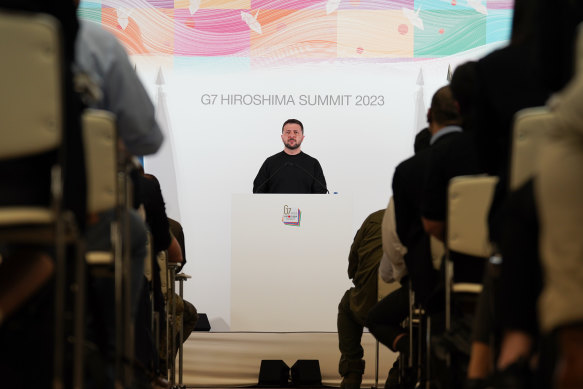 Ukrainian President Volodymyr Zelensky delivers a speech during a press conference at the G7 Leaders’ Summit on Sunday. 