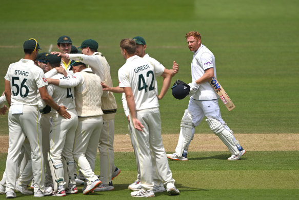 Jonny Bairstow leaves the field after his controversial stumping on day five.