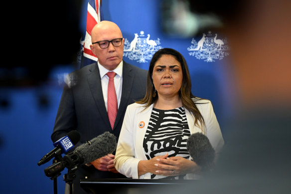 Federal Opposition Leader Peter Dutton and shadow Indigenous Australians spokeswoman Jacinta Nampijinpa Price in Brisbane on Saturday night.