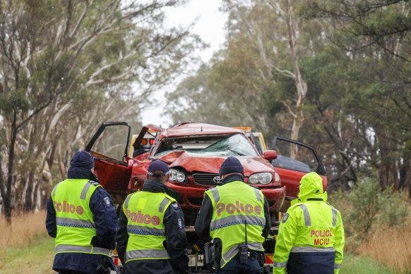 The wrecked car is taken from the crash scene on the Nigretta Falls-Wannon Road at Bochara.