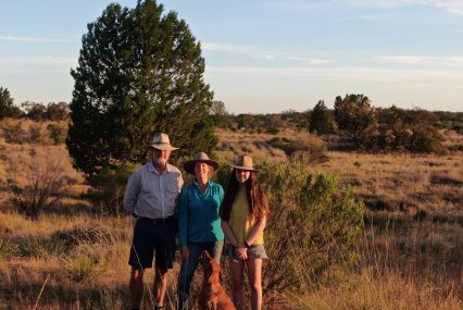 The Murdoch family: Phil, Fiona and daughter Emily with their dog Jazz on their property Raakajlim after 20 years of revegetation efforts.