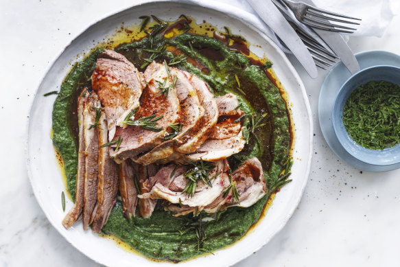 Roast leg of lamb with creamed spinach.