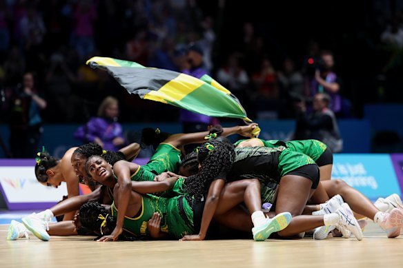 Jubilation: Jamaica celebrate winning through to the gold medal match.