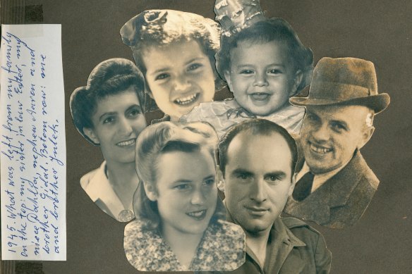 Sarah (front) in 1945 with surviving relatives (clockwise from left) sister-in-law Ester, niece Dahlia, nephew Aaron, brother Gidal and brother Julek. 