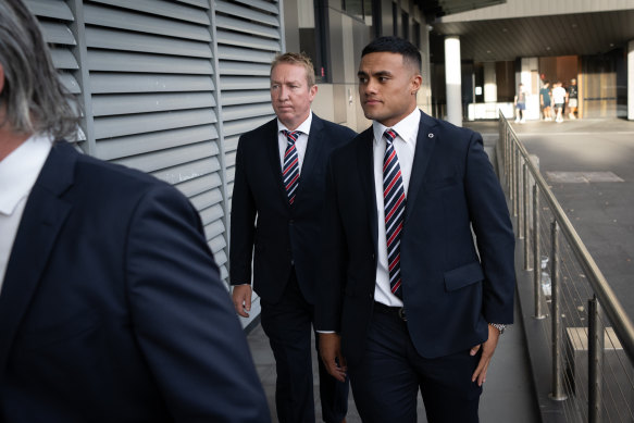 Roosters forward Spencer Leniu enters the NRL judiciary hearing on Monday night with coach Trent Robinson.