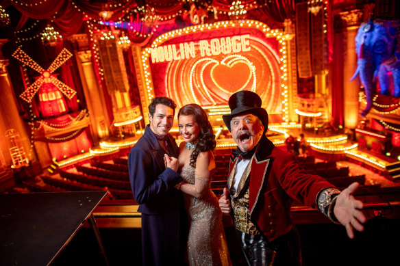 Des Flanagan (Christian), Alinta Chidzey (Satine) and Simon Burke (Harold Zidler) at the Regent Theatre.