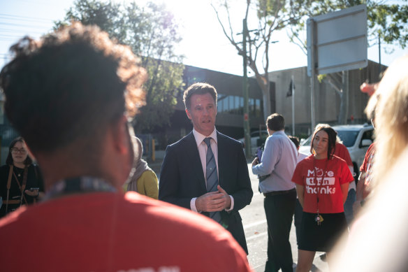 Chris Minns meets with teachers on the campaign trail in March.