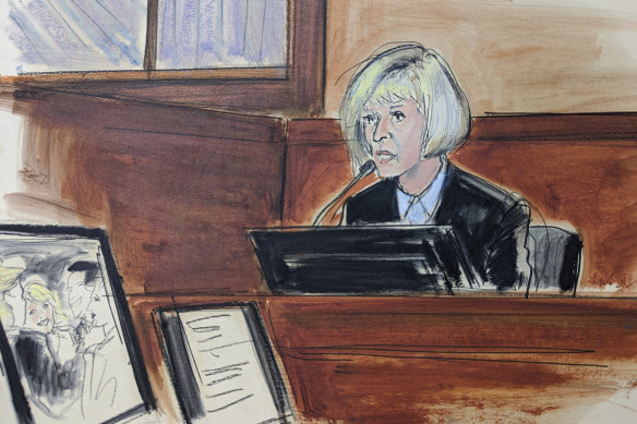 A courtroom sketch of E Jean Carroll giving evidence in her civil trial against Donald Trump.