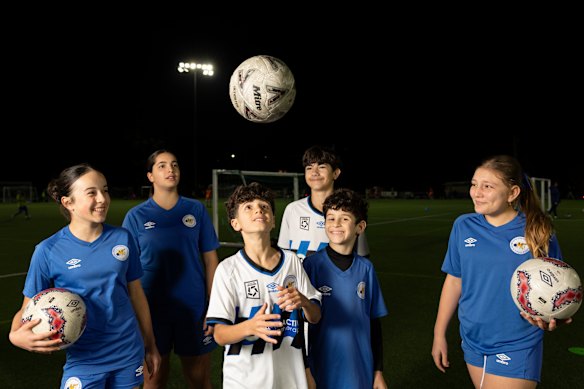 Inter Lions Football Club junior players at their home ground in Concord, Sydney. Left to right: Aaliyah Lorello, Cartia Biasi, Julian Toscano, Julian Micalizzi (behind), Nicolo Liotta, and Isabella Screpis.