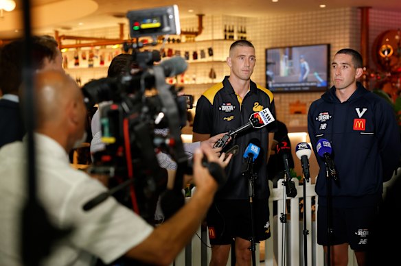 Cameron and Weitering conduct a media doorstop on Wednesday ahead of the State of Origin match.