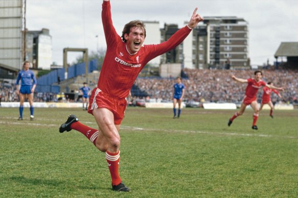 Dalglish celebrating after scoring the winning goal that gave Liverpool the First Division Championship for the 1985/86 season.