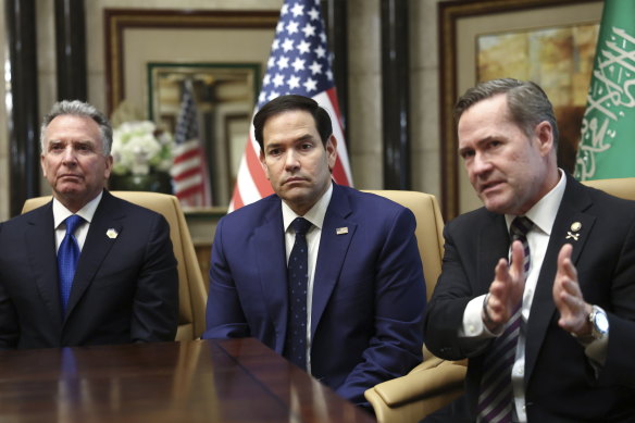 US Middle East envoy Steve Witkoff (left), US Secretary of State Marco Rubio (centre), and US National Security Adviser Mike Waltz (right) after meeting with Russian officials in Saudi Arabia.