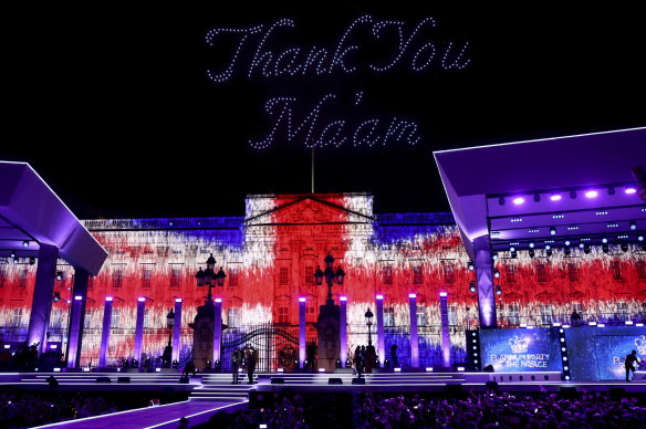 A drone light display spells out “Thank you Ma’am” at the Platinum Jubilee concert in front of Buckingham Palace.