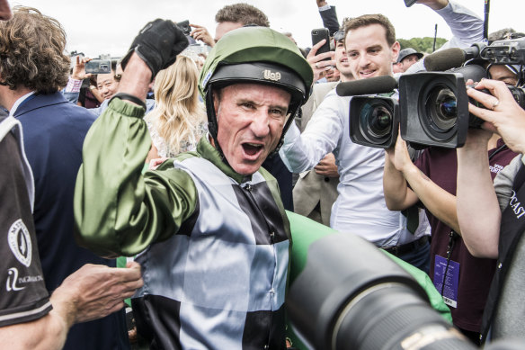 Glen Boss celebrates Yes Yes Yes' win in The Everest.