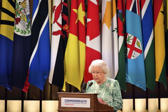 Queen Elizabeth II speaks during the formal opening of the Commonwealth Heads of Government Meeting in London in 2018.