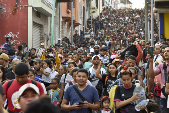Migrants start walking north on their way to Mexico City from Tapachula, Chiapas state, Mexico in April, 2023.