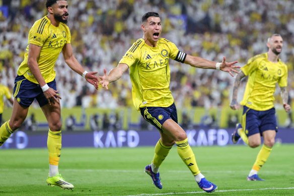 Cristiano Ronaldo celebrates a goal for Al Nassr in Saudi Arabia.