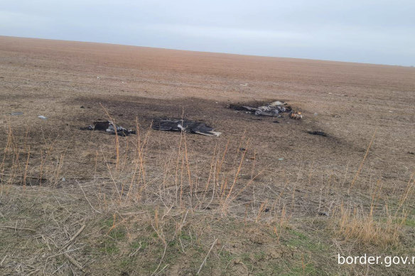 The remains of a Shahed-type drone that crashed near the Etulia, Moldova, near the Moldova-Ukraine border.