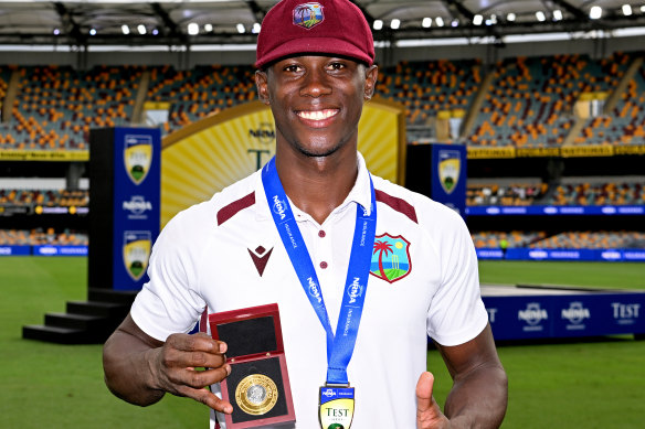 Shamar Joseph with the Richie Benaud Medal.