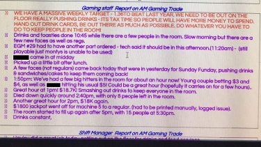 A screenshot of the "gaming daily briefing sheet" shows notes taken by staff to record what actions they took to encourage gamblers to stay on site.