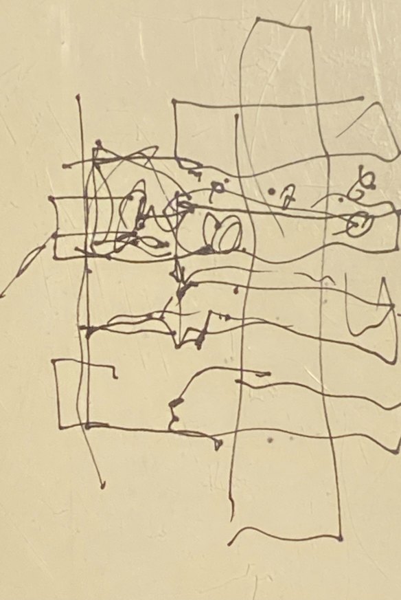 One of Frank Gehry’s early conceptual sketches of what became known as the “paper bag” building.