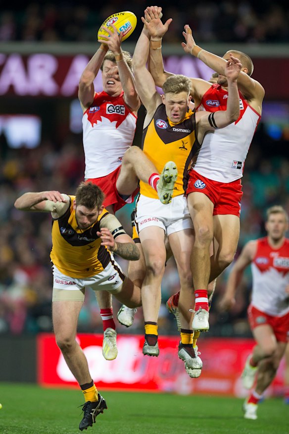 On the rise: Nick Blakey's impressive AFL rookie season continued on Friday night with a final-quarter display that helped Sydney edge Hawthorn.