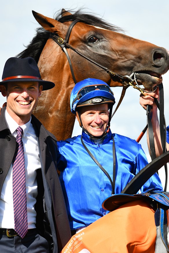 Trainer James Cummings and jockey James McDonald with Anamoe after his win in the Might And Power Stakes.