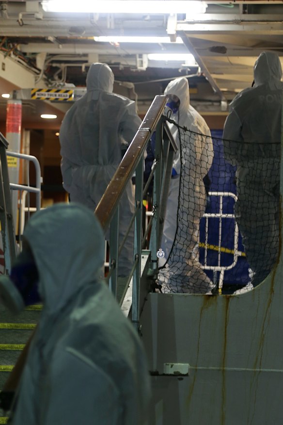 Investigators conducting inquiries on-board the Ruby Princess on Wednesday evening.