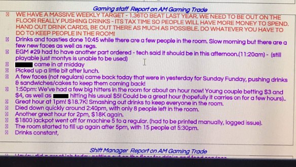 A screenshot of the "gaming daily briefing sheet" shows notes taken by staff to record what actions they took to encourage gamblers to stay on site.