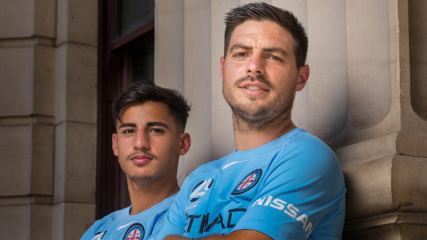 City's Bruno Fornaroli (right), pictured with teammate Daniel Arzani is eager to play the Melbourne derby.