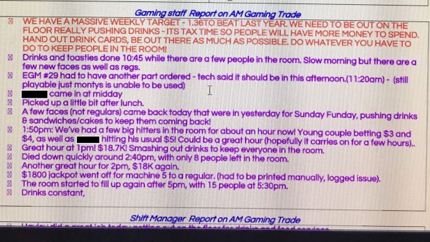 A screenshot of the "gaming daily briefing sheet" shows notes taken by staff to record what actions they took to encourage gamblers to stay on site.