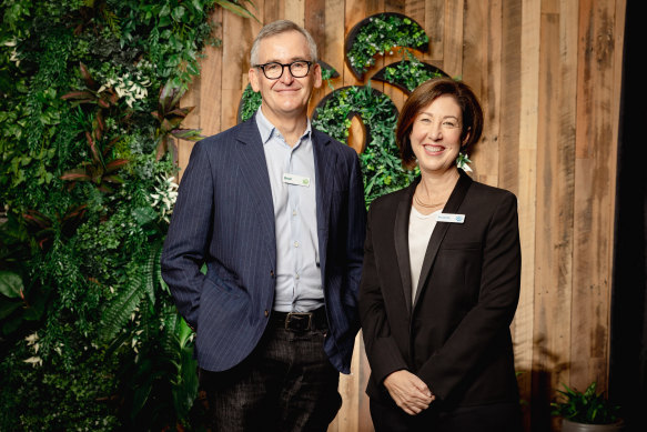 Woolworths CEO Brad Banducci with his successor Amanda Bardwell, who will take over in September.