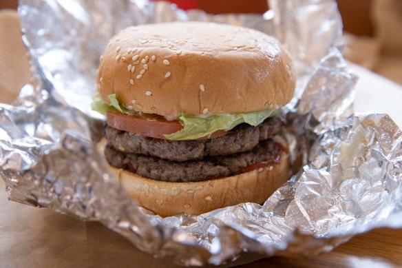 Every burger comes with two patties, which together weigh in at a little over 200 grams.