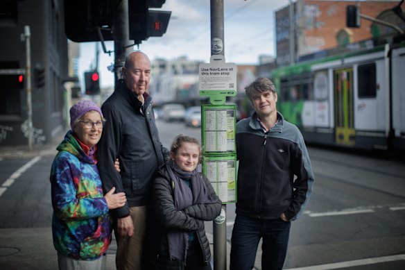 Matthew Wright (far right) is leading a campaign to make public transport permanently free in Victoria, with help from his niece Maya Wright (middle right) and fellow advocates Andrea Bunting (far left) and Dave Holmes (middle left).