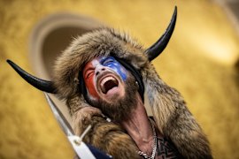 The “QAnon Shaman” Jacob Chansley after storming the US Capitol in 2021.