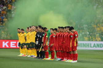 The teams line up during the FIFA World Cup Qatar 2022 qualifier between the Australia and Vietnam at Melbourne’s AAMI Park on Thursday.