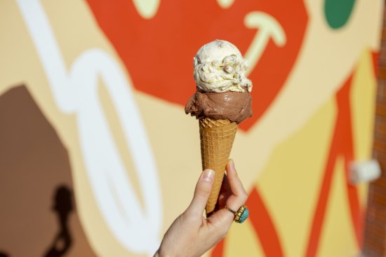 A hazelnut and pistachio praline cone.